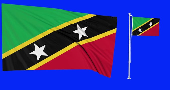 Green screen Saint Kitts and Nevis two flags waving Kittitian Nevisian flagpole animation 3d chroma key	