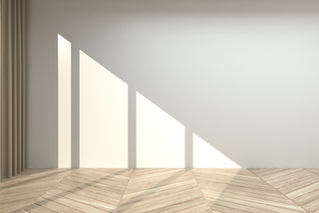 Empty room mockup with white wall, light brown curtain and tweed wooden floor. 3d illustration.