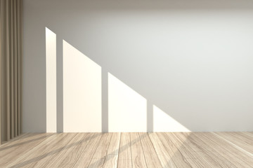 Empty room mockup with white wall, light brown curtain and wooden floor. 3d illustration.