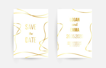 Luxury wedding invitation cards with gold marble texture and geometric pattern vector design template