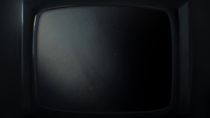 Old vintage TV turning on and turning off animation. 70s, 80s style television. White noise effect on the screen. Analog Static Noise texture. Monochrome, black and white offset flicker. Screen damage