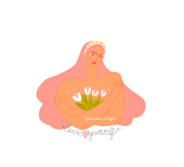 Love yourself. take care of yourself. body positive
a girl with pink hair hugs herself, holds a bouquet of white flowers, tulips. inscription love yourself
flat illustration
illustration for web
poste