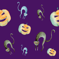 Seamless pattern with pumpkins and cats. Watercolor Halloween pattern on a purple background