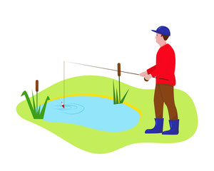 Fisherman with fishing rod on the lake.