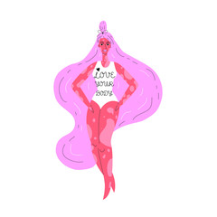 A young girl with vitiligo disease in a white swimsuit with the inscription love your body. Pink gray long hair Stock illustration on white background