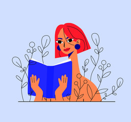 Young red-haired girl reads a book. The contour of the flowers. Love of reading. Vector illustration. Flat illustration. Blue background