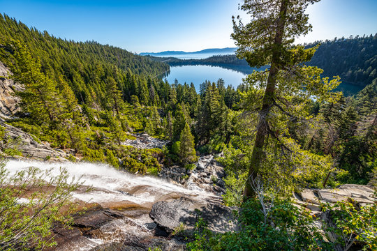 Image of Cascade Falls with Cascade Lake and Lake Tahoe in the background