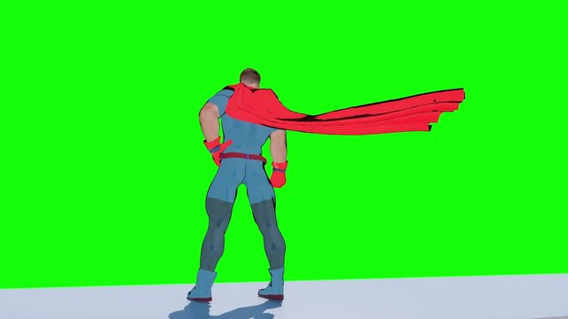 Superhero watching over the city 3d render animation
