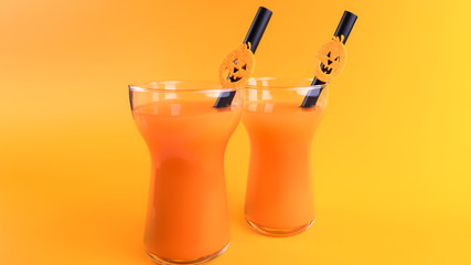 Halloween carbonated orange beverage in glass decorated with black tube and jack-o-lantern pumpkin on orange background. Homemade party Punch cocktail. Copy space