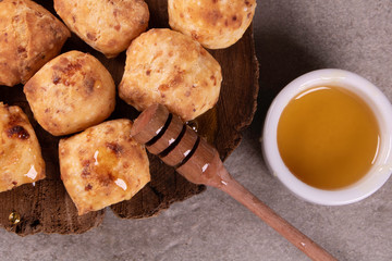 typical Brazilian snack: tapioca dumpling with honey