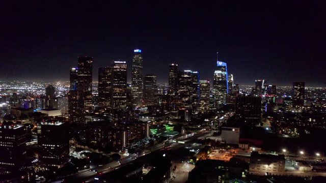 Cinematic aerial Time-lapse of downtown Los Angeles at night