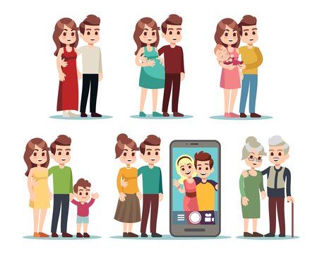 Happy family stages. Cartoon kid parents, young mom father and baby. Isolated pregnant woman, couple with newborn, video call with son. Male female different ages vector illustration