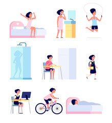 Girl daily routine. Cute child morning, kid every day activity schedule. Cartoon baby playing, doing exercises hygiene vector set. Girl routine daily, cartoon character eat and education illustration