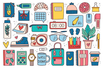 Back to school big clip art, set of elements, stickers. Office stuff, stationery. Notebook, glasses, bag, pen, marker, plant, lap top, clock, coffee, accessory, device, decor. Colorful doodle design.