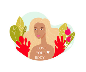 
Young blonde girl with freckles. Love your body lettering. A heart. Flowers, rose hips, leaves. Flat illustration. White background
personal care woman