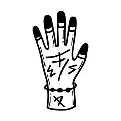 Human hand with tattoos, runes, magic symbols. Halloween art, design element, icon, sticker. Holiday ink stamp, silhouette. Esoteric, supernatural, paranormal.