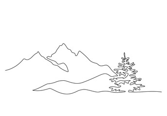 Mountain landscape, drawn in one line. Continuous line. Travels. Minimalistic graphics. Mountains and spruce.