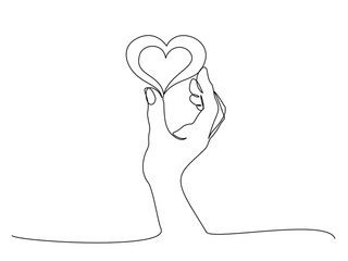 Hand holding heart sign. Continuous one line art