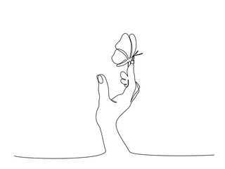 Hand with butterfly on finger. Continuous one line art © Valenty