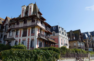 Fototapeta na wymiar Luxury buildings on the coastline of Trouville, famous french resort in Normandy