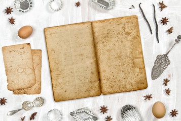 Old recipe book mockup Food background flatlay