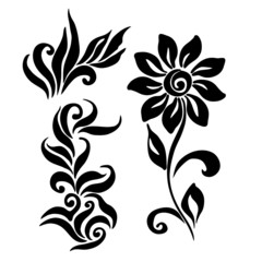 Vector illustration, doodle style drawing in black, abstraction, swirls, flowers, tattoo
