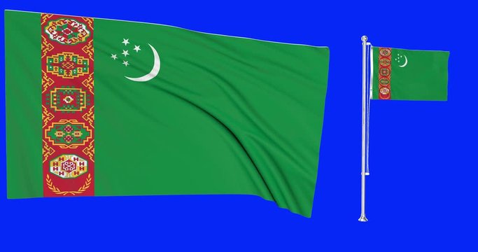 Green screen Turkmenistan two flags waving turkmen flagpole animation 3d chroma key