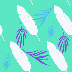 Trendy Tropical Vector Seamless Pattern. Feather Banana Leaves Monstera Dandelion Tropical Seamless Pattern. 