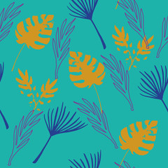 Trendy Tropical Vector Seamless Pattern. Banana Leaves Monstera Feather Dandelion Tropical Seamless Pattern. 