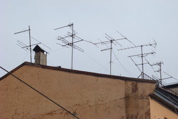 The roof of the building with antennas, macro