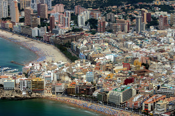Fototapeta na wymiar Aerial view of the coastal city of Benidorm Spain, beaches and large skyscrapers