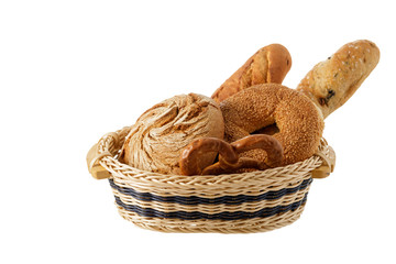 Fresh baked crispy bread, french baguette, turkish sesame bagel and german pretzel in the basket isolated on white  background