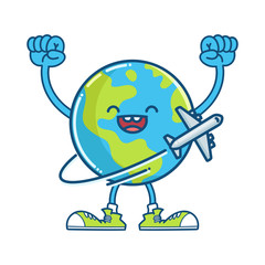 happy globe planet earth and flying airplane cartoon