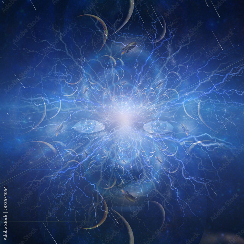 Poster face in space. retro rockets and fractal of planets. 3d rendering