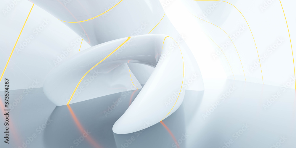 Poster abstract white geometric shape with neon lights and white background 3d rendering illustration