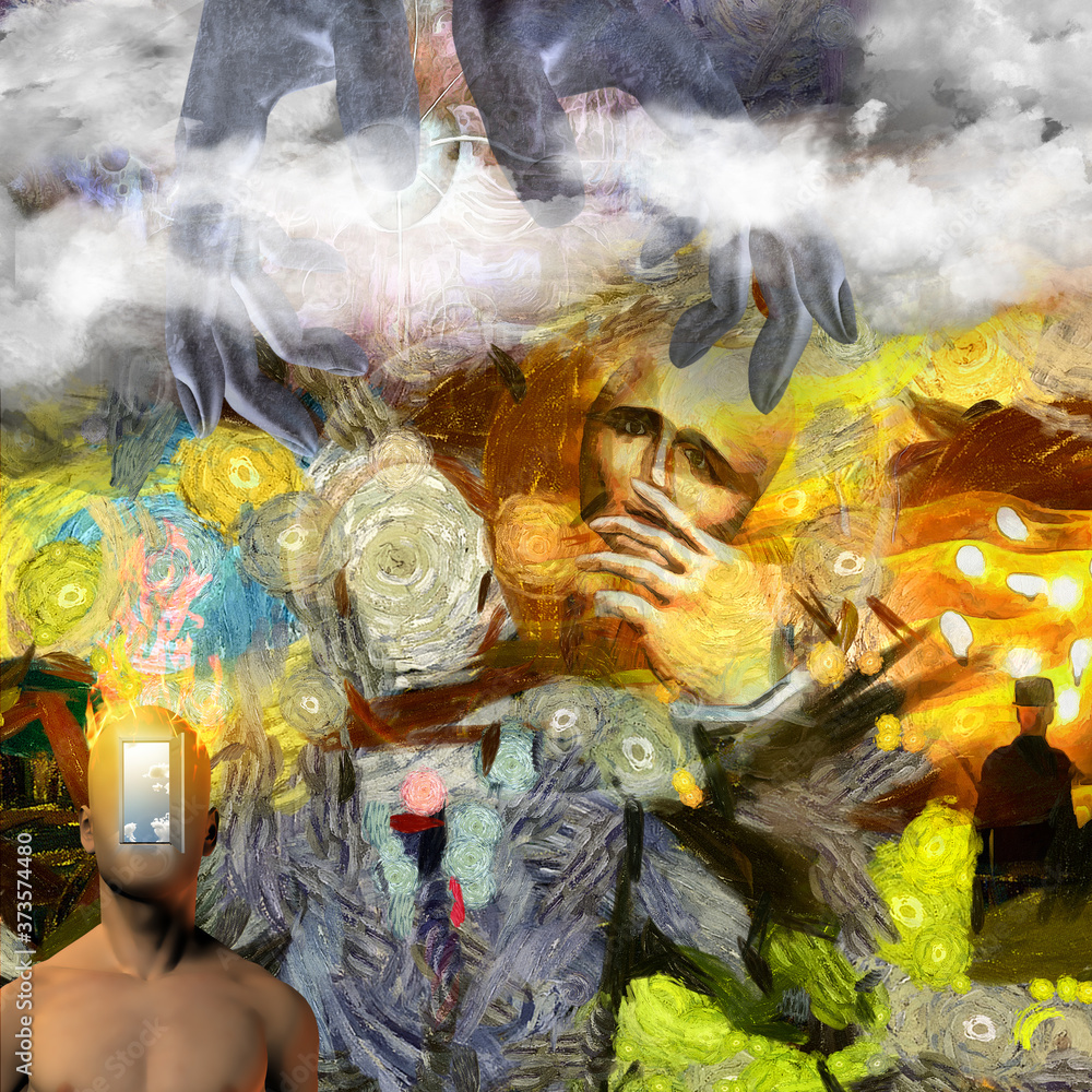 Poster surreal painting. man without face with mask in his hand. man torso with opened door instead of his 