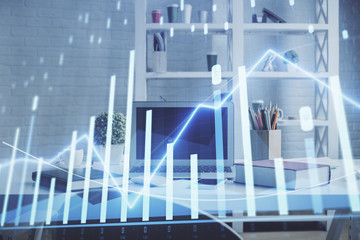 Double exposure of financial graph drawing and office interior background. Concept of stock market.