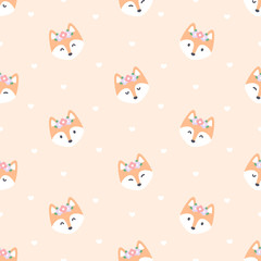 Cute red fox with flower crown seamless pattern background