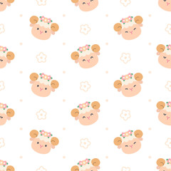 Cute sheep with flower crown seamless pattern background