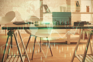 Multi exposure of stock market chart drawing and office interior background. Concept of financial analysis.