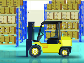 forklift in a warehouse -box - pallet -  work 