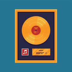 Cool vector gold music award. Flat design gold record item