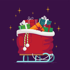Lovely vector illustration on Christmas Santa&rsquo;s gift sack full of gift boxes and present packages standing on classic snow sleds