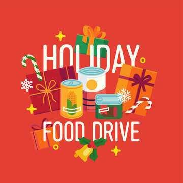 Holiday food drive themed poster or banner design. Winter season charity food bank vector concept illustration with canned food, candy canes and gift boxes