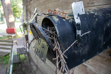 Old Abandoned country mail box with bird nest inside it . High quality photo
