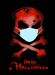 Skull red with bones. Skull in a medical mask. Happy halloween. Vector illustration