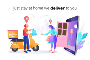 Delivery of parcel to door. Shopping online concept. Express delivery. Vector illustration.
