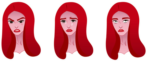 Vector illustration set of emotions of a girl. Stock illustration isolated on white background. Emotions such as anger, sadness, and discontent. Cartoon stickers for social networks, website or print