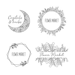 Hand Drawn Vector Flower Market Logos with wreaths, floral borders, and frames