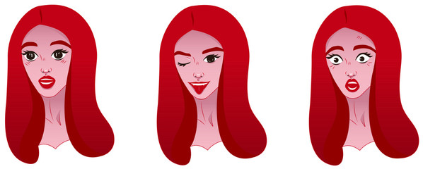 Set of vector illustrations of girl's emotions. Cartoon stickers for social networks or a website. Stock illustration isolated on white background. Emotions such as fear, winks and admiration